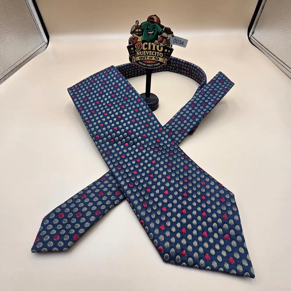 R&R Casuals Mens Silk Tie Navy Blue Gold Red Geometric Dot Made in Italy 0034